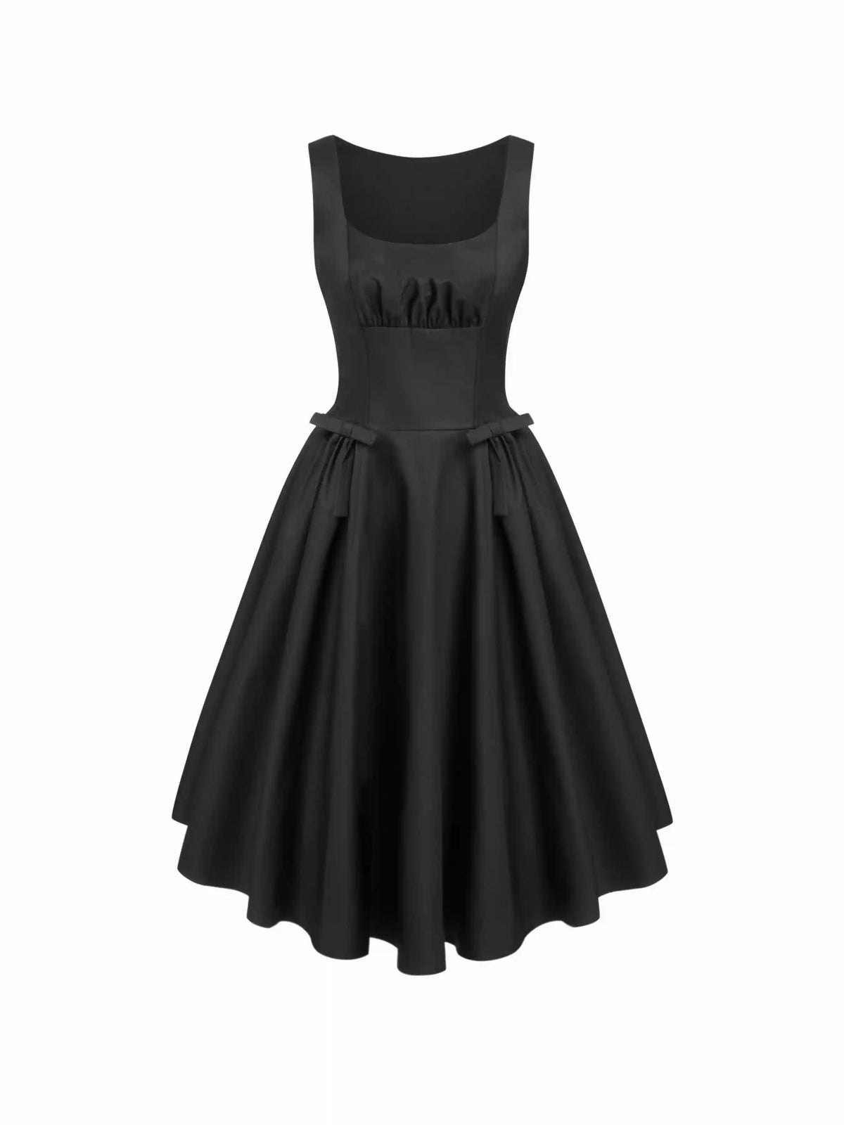 Sculptural Square Neck Bowknot Ruched Mid Rise Flared Midi Dress