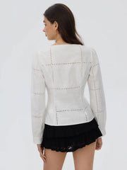 Cotton-blend Textured Scoop Neck Lace Panel Blouse
