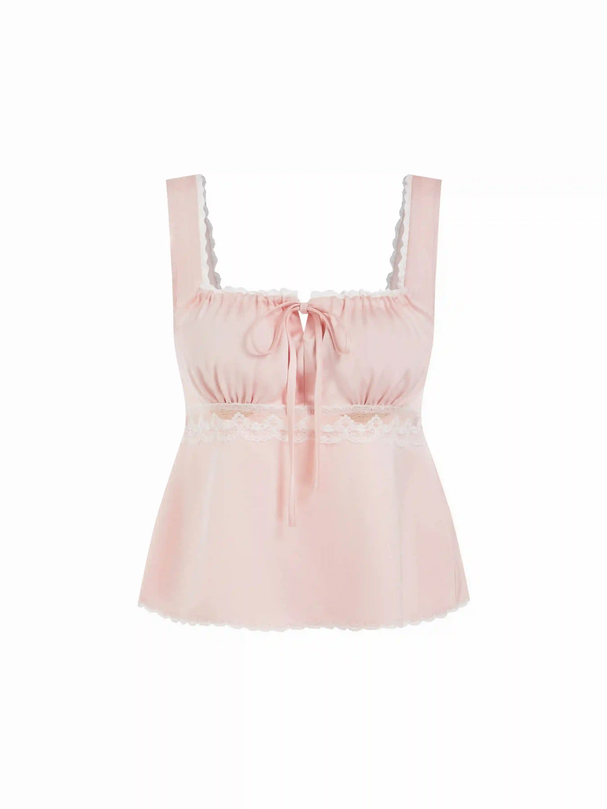 Satin Square Neck Drawstring Lace Trim Tank Top