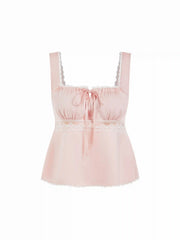Satin Square Neck Drawstring Lace Trim Tank Top