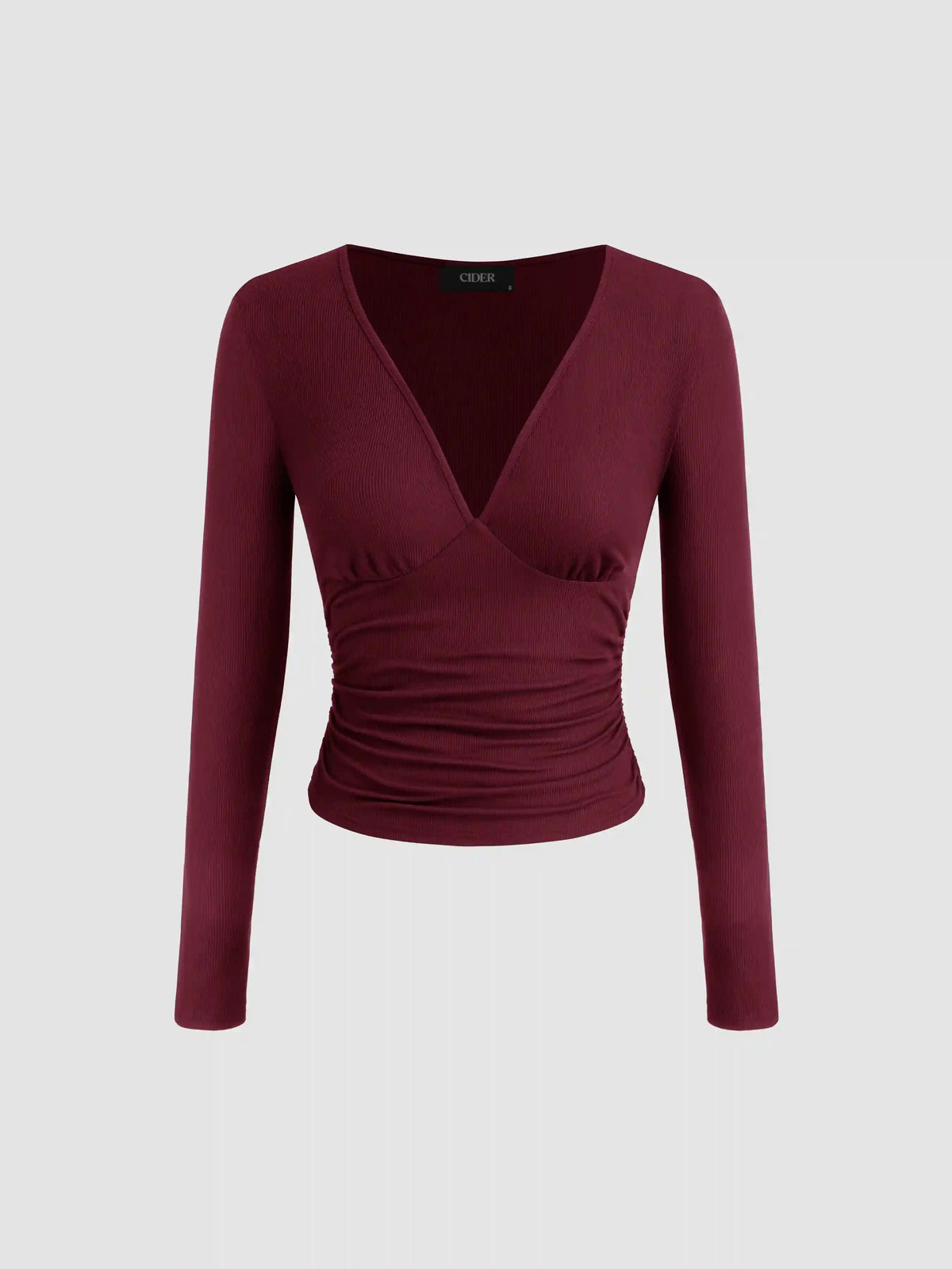 V-neck Solid Ruched Long Sleeve Tee