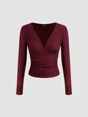 V-neck Solid Ruched Long Sleeve Tee