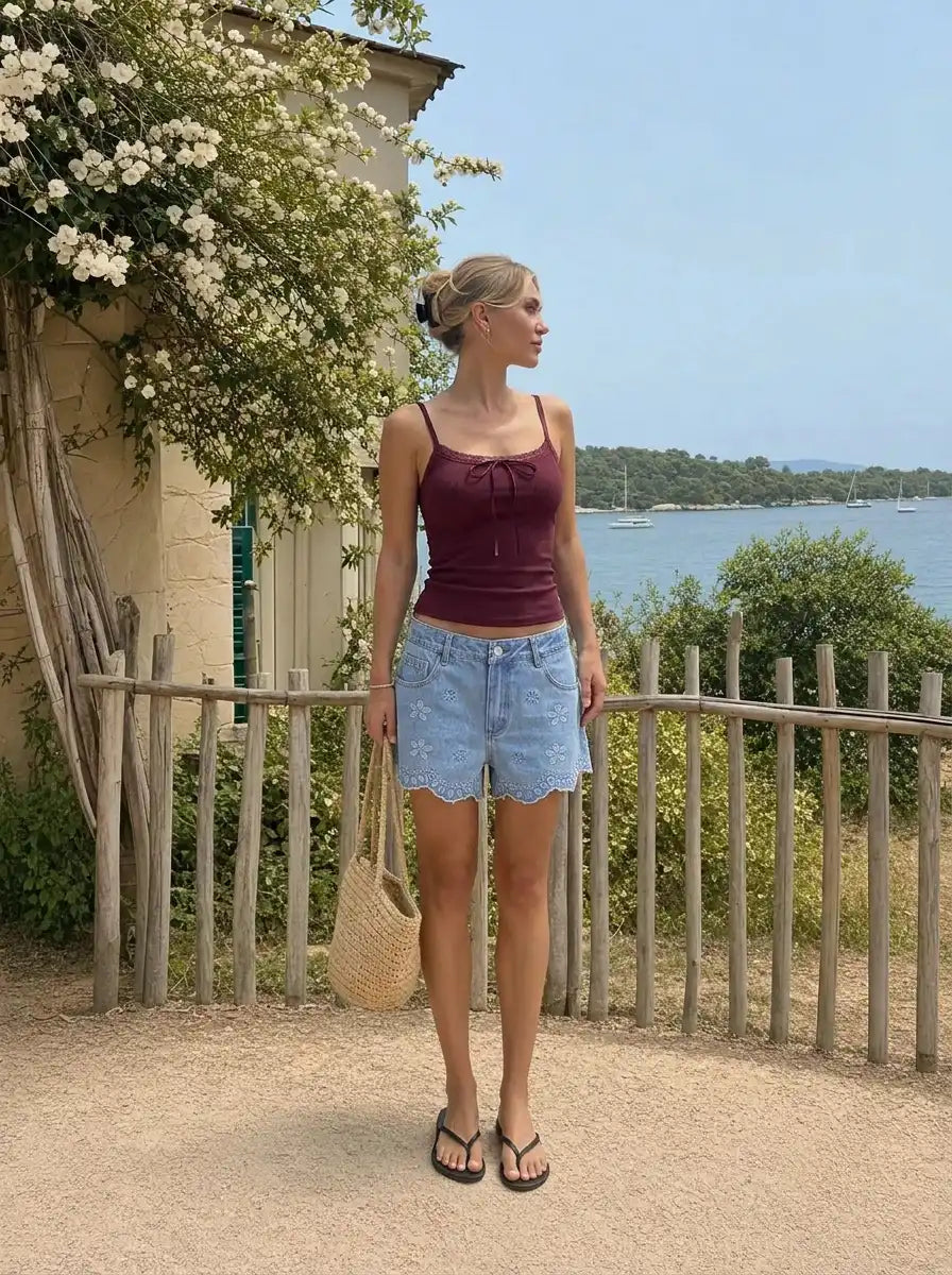 Denim Low Rise Embroidery Floral Scallop Hem Micro Shorts