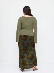 Boat Neck Long Sleeve Top & Mid Rise Floral Ruched Maxi Skirt Set Curve & Plus