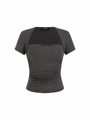 Striped Square Neck Ruched Short Sleeve Top