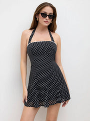 Chiffon Halter Neckline Polka Dot Knotted Mini Dress