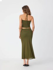 Mesh Floral Applique Halter Top & Mid Rise Maxi Skirt Set