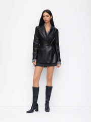 Faux Leather Collar Side Button Cinched Waist Blazer