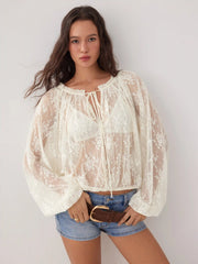 Lace Floral V-neck Ruffled Lantern Sleeve See-Through Blouse