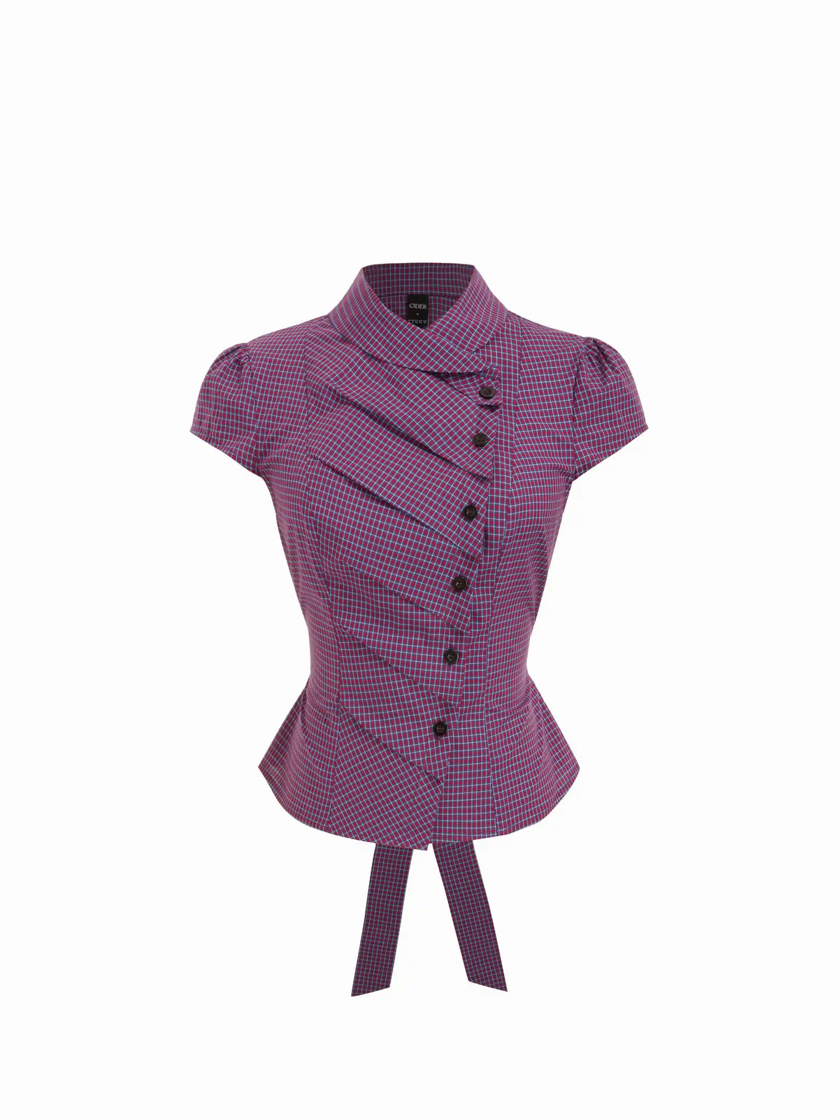 Cotton Plaid Stand Collar Puff Sleeve Tie Back Button Blouse