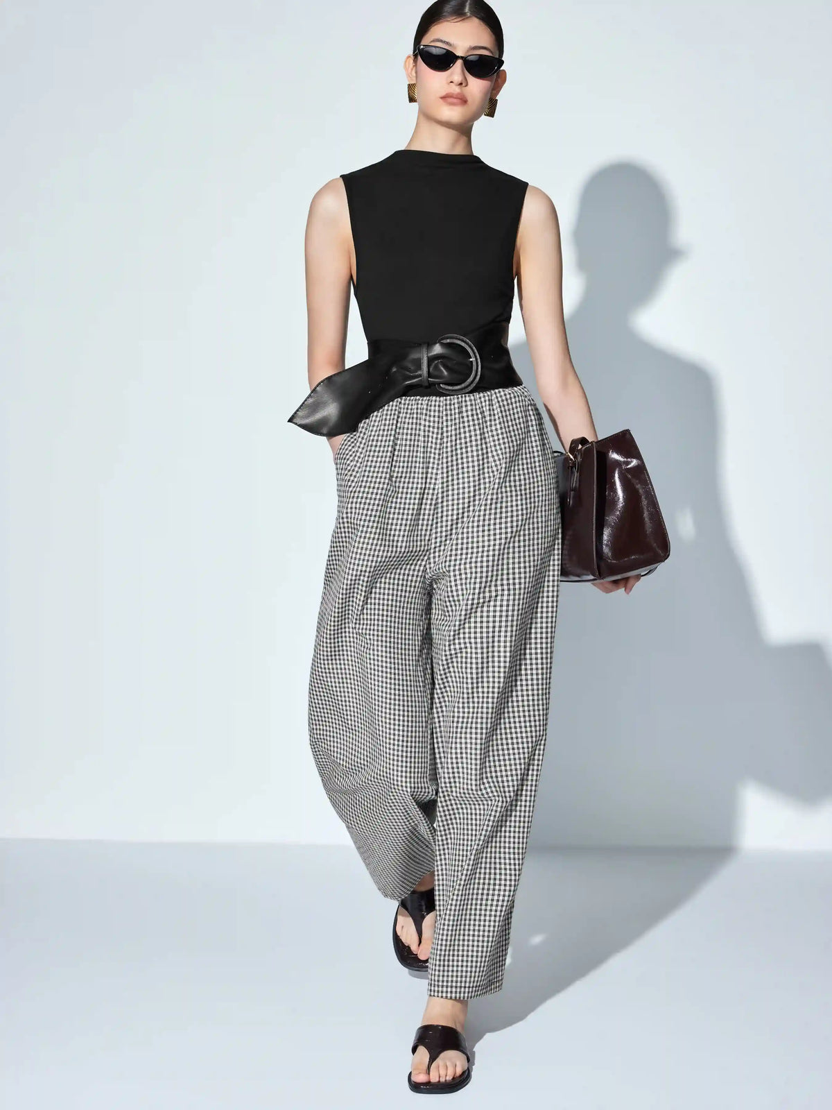 Cotton-blend Gingham High Neck Colorblock Mid Rise Wide Leg Jumpsuit With Belt
