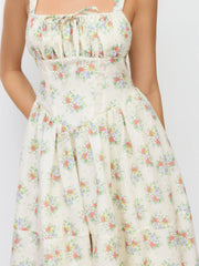 Floral Square Neck Bowknot Ruched Flared Maxi Tank Dress