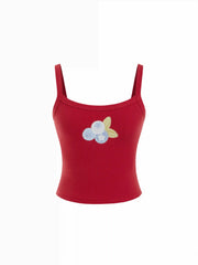 Cotton-blend Fruit Applique Square Neckline Slim Top
