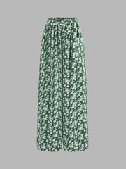 Strapless Solid Ruched Crop Top & Mid Rise Floral Knotted Wide Leg Trousers