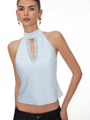 Satin Stand Collar Lace Panel Cut Out Halter Backless Cami Blouse