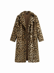 Oversized Leopard Notched Collar Button Faux Fur Longline Coat
