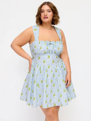 Striped Fruit Graphic Square Neck Knotted Ruffled Flared Mini Dress Curve & Plus
