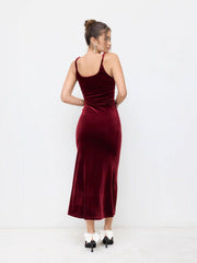 Velvet Scoop Neckline Ruched Maxi Dress
