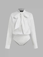 High Neck Knotted Long Sleeve Blouse Bodysuit