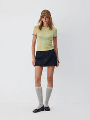 Textured Striped Color-block Scallop Trim Short Sleeve Top