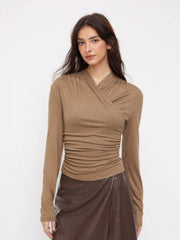 V-neck Asymmetrical Ruched Long Sleeve Tee