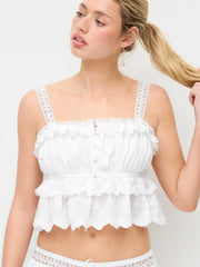 Cotton Square Neck Floral Lace Panel Button Ruffled Cami Top