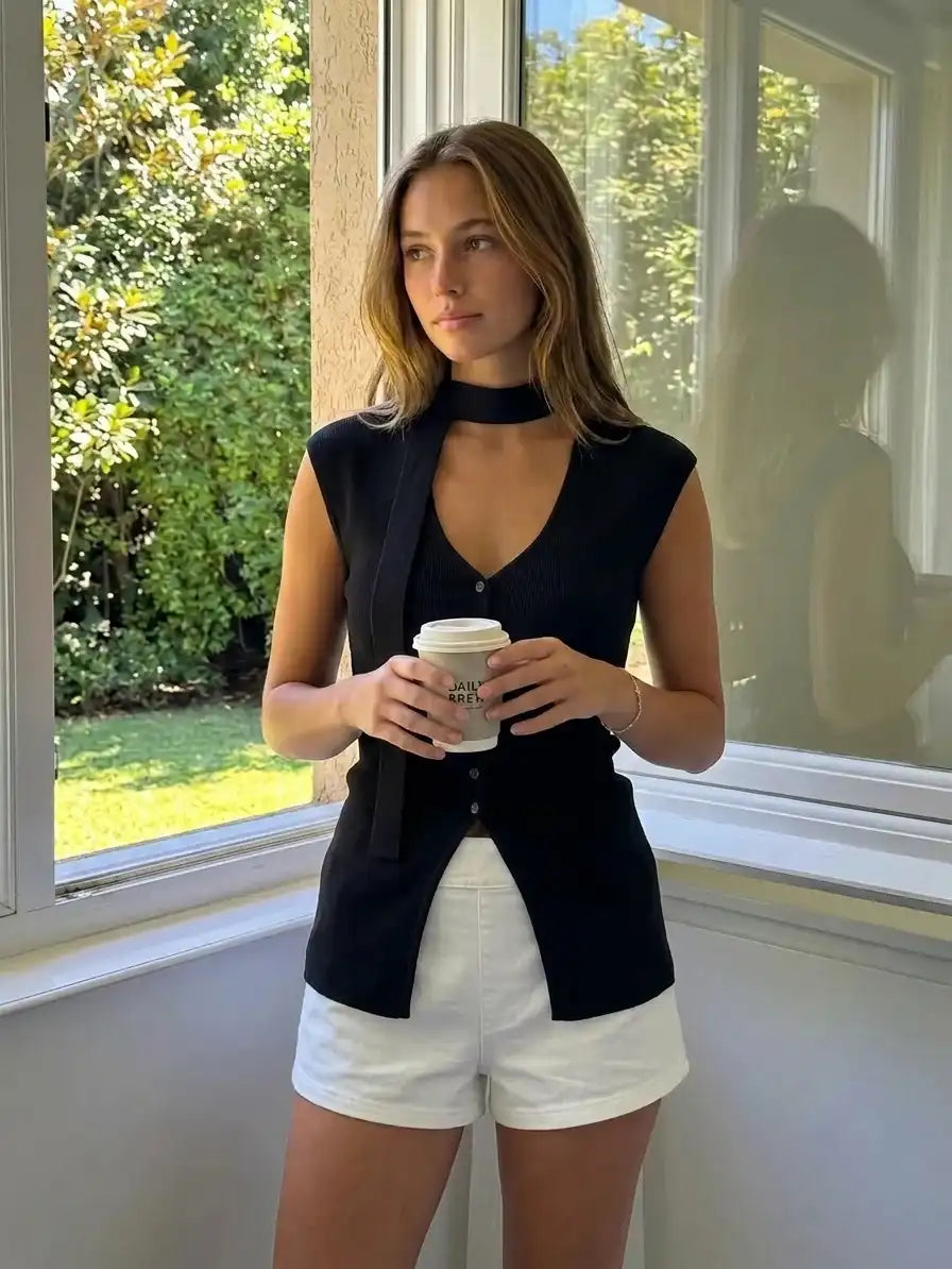 Knit V-neck Solid Button Split Tank Top With Scarf