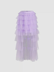 Mesh Sweetheart Corset Knotted Tube Top & Tiered Tulle Maxi Skirt