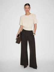 Boat Neck Short Sleeve Pleated Top With Shoulder Pads