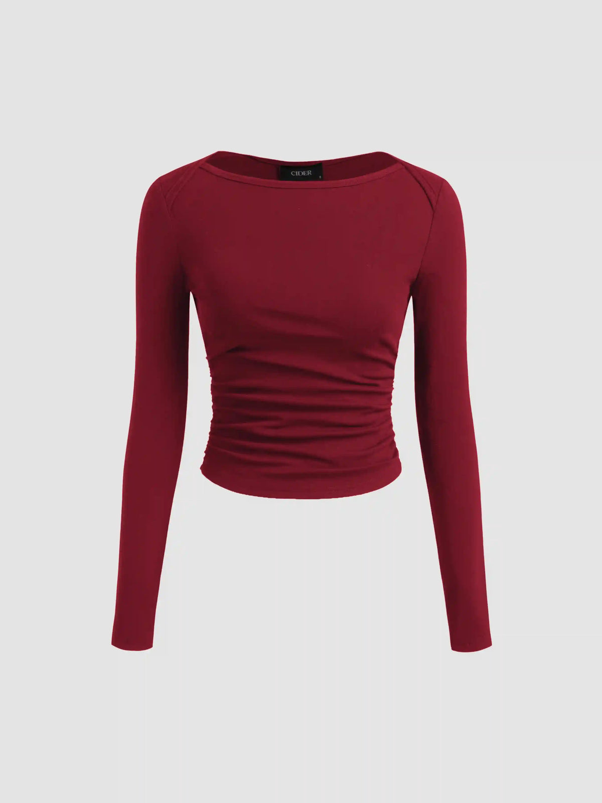 Cotton-blend Boat Neck Solid Ruched Long Sleeve Tee