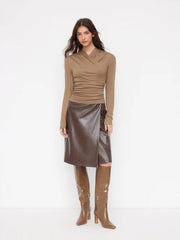 V-neck Asymmetrical Ruched Long Sleeve Tee