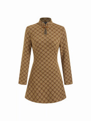 Plaid Stand Collar Long Sleeve Cut Out A-line Mini Dress