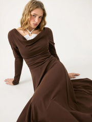 Cotton-blend Cowl Neck Colorblock Ruched Flared Maxi Dress