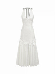 Jacquard Satin Halter Neckline Bowknot Mermaid Maxi Dress