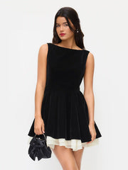 Velvet Boat Neck Ruffle Tie Back Two Tone Patched Backless Mini Babydoll Dress