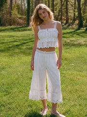 Cotton Low Rise Floral Embroidery Lace Panel Drawstring Wide Leg Cropped Oversized Trousers