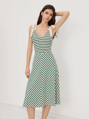 V-neck Stripe Shirred Bowknot Maxi Dress