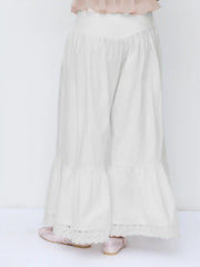 Cotton-blend Mid Rise Lace Trim Ruffle Wide Leg Trousers