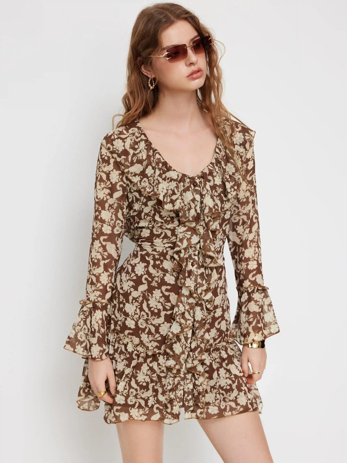 Two Pieces V-neck Floral Ruffle Knotted Mini Dress With Cami Mini Dress