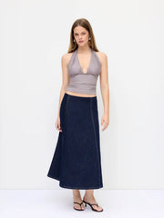 Stretch Denim High Rise Washed Pleated A-line Flare Midi Skirt