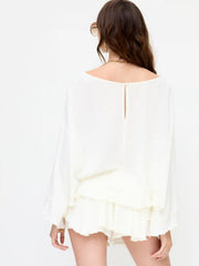 Boat Neck Ruffle Sleeve Top & Mid Rise Drawstring Shorts Set