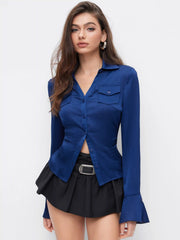 Satin Collar Striped Ruched Bell Sleeve Shirt