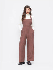 Halter Neckline Houndstooth Wide Leg Jumpsuit With Belt