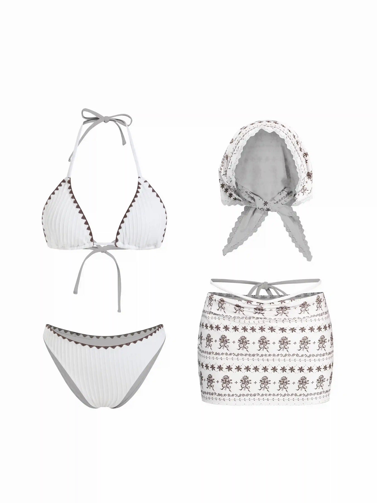 Halter Neckline Contrasting Binding Triangle Cheeky Bikini Set With Floral Lace Trim Cover Up Set