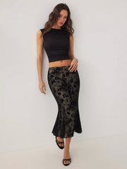 Mesh Mid Rise Floral Mermaid Midi Skirt