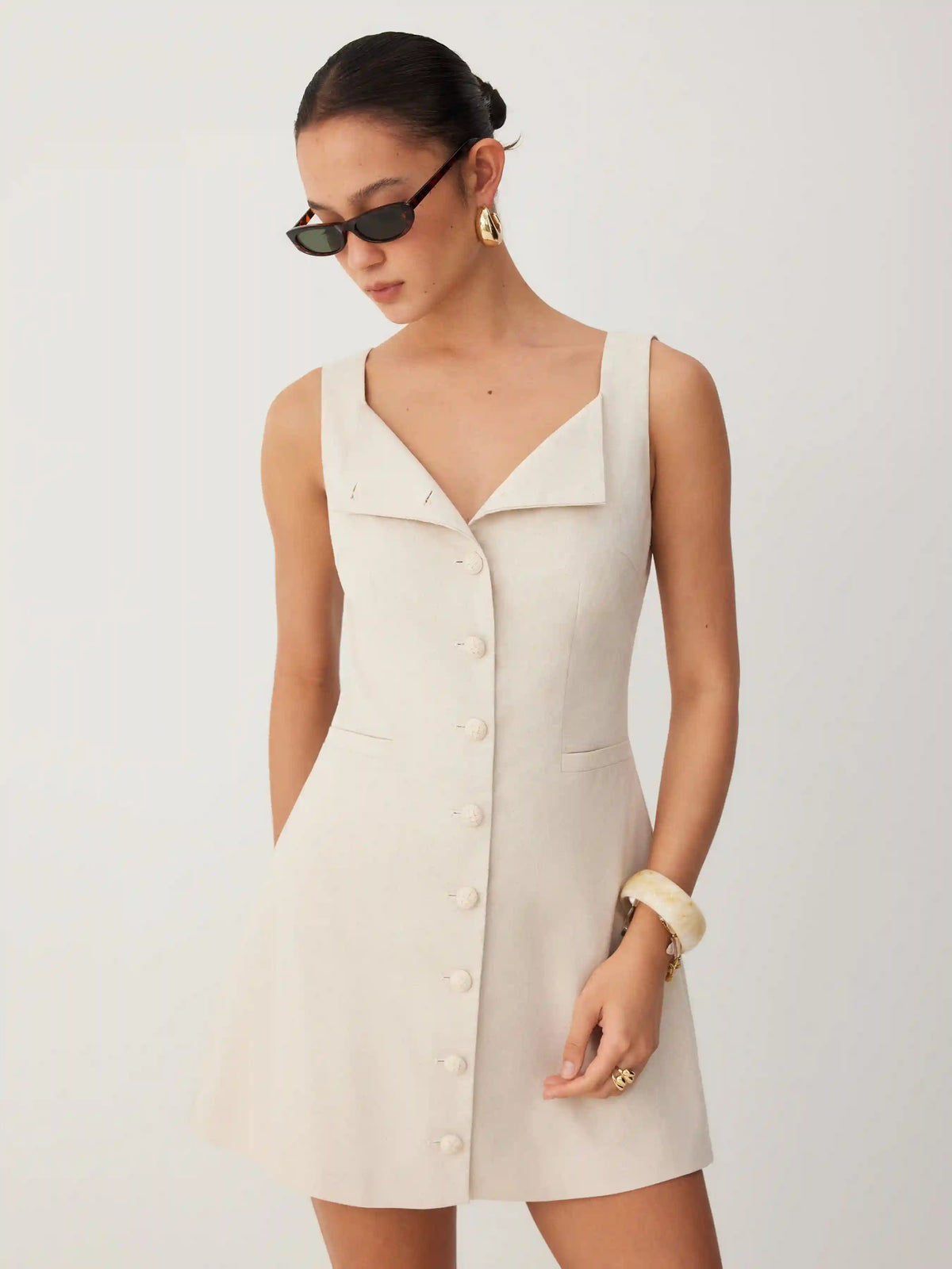 Linen-blend Braided Button Back Belt Square Neck Mini Dress