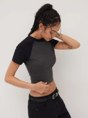 Cotton-blend Round Neckline Two Tone Solid Short Sleeve Tee