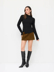 Knit Stand Collar Long Sleeve Metal Button Asymmetrical Top