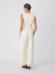 Satin V-neck Lace Panel Mid Rise Wide Leg Pocket Jumpsuit