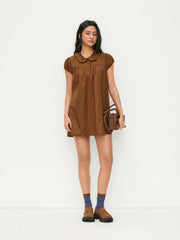 Cotton Geometric Peter Pan Collar Puff Sleeve Babydoll Mini Dress